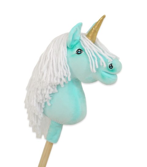 Hobby Horse Jednorożec na kiju miętowy z białą grzywą i złotym rogiem A4