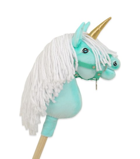 Hobby Horse Jednorożec na kiju miętowy z białą grzywą i złotym rogiem A4