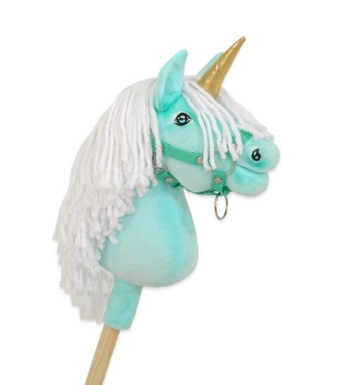 Hobby Horse Jednorożec na kiju miętowy z białą grzywą i złotym rogiem A4
