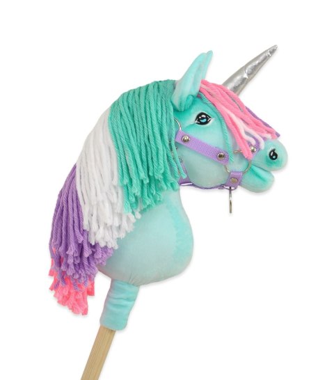 Hobby Horse Jednorożec na kiju miętowy z kolorową grzywą i srebrnym rogiem A4