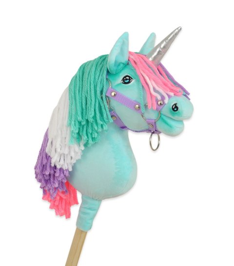 Hobby Horse Jednorożec na kiju miętowy z kolorową grzywą i srebrnym rogiem A4