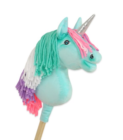 Hobby Horse Jednorożec na kiju miętowy z kolorową grzywą i srebrnym rogiem A4