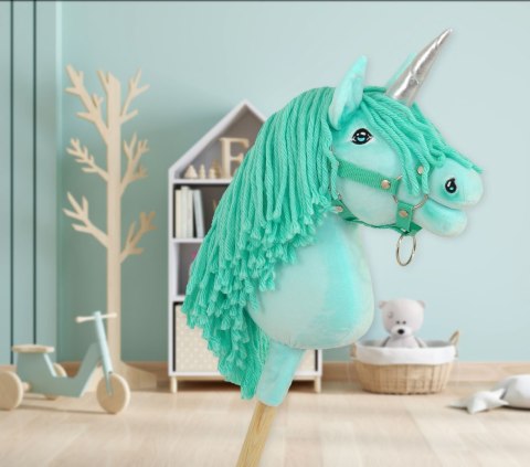 Hobby Horse Jednorożec na kiju miętowy z miętową grzywą i srebrnym rogiem A4
