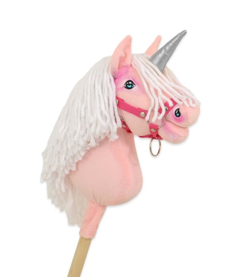 Hobby Horse Jednorożec na kiju różowy z białą grzywą i srebrnym rogiem A4
