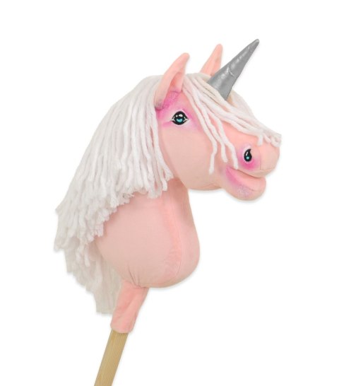 Hobby Horse Jednorożec na kiju różowy z białą grzywą i srebrnym rogiem A4