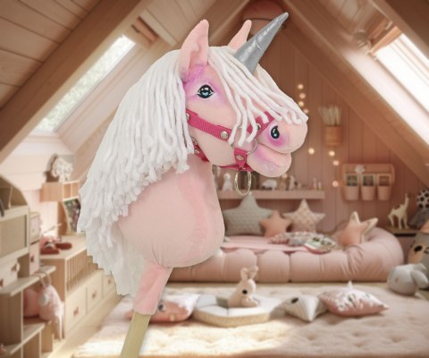 Hobby Horse Jednorożec na kiju różowy z białą grzywą i srebrnym rogiem A4