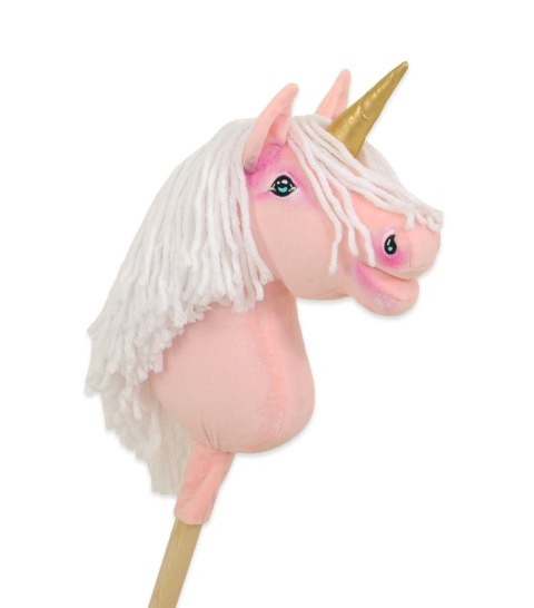 Hobby Horse Jednorożec na kiju różowy z białą grzywą i złotym rogiem A4