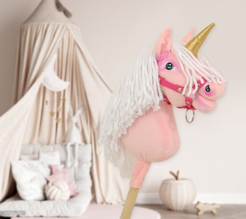 Hobby Horse Jednorożec na kiju różowy z białą grzywą i złotym rogiem A4