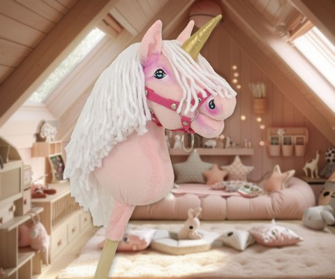 Hobby Horse Jednorożec na kiju różowy z białą grzywą i złotym rogiem A4
