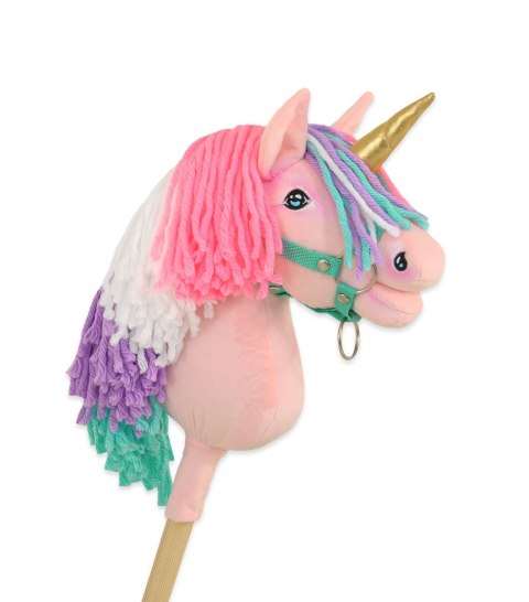 Hobby Horse Jednorożec na kiju różowy z kolorową grzywą i złotym rogiem A4
