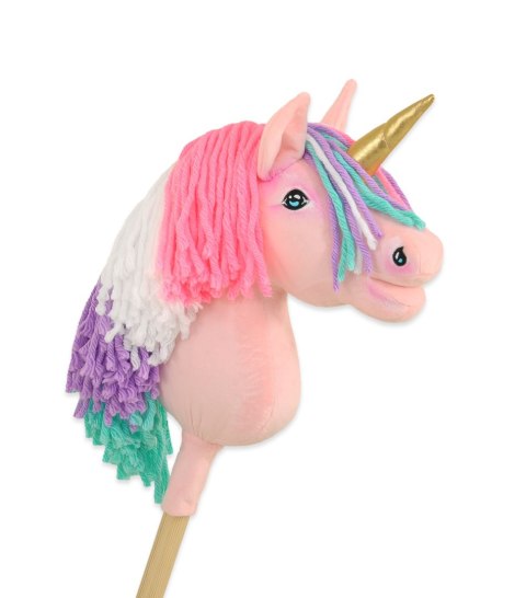 Hobby Horse Jednorożec na kiju różowy z kolorową grzywą i złotym rogiem A4