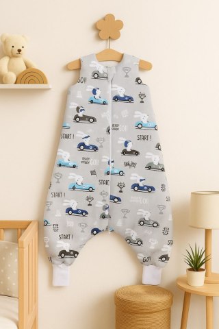 Śpiworek dla dzieci z nogawkami bawełniany ocieplany L 9-24 mcy TOG 2.5 - zające w autkach szare