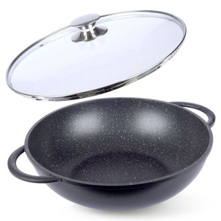 Patelnia Wok Granitowa Głęboka ze Szklaną Pokrywką Gaz Indukcja ORION 32 cm