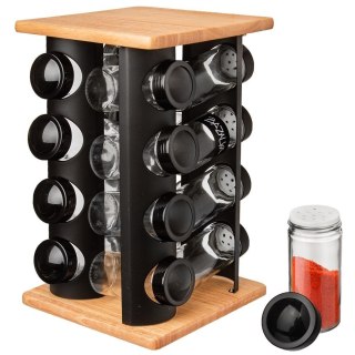 Stojak na Przyprawy Obrotowy BLACK Czarny Metal Drewno 16 Słoików ORION
