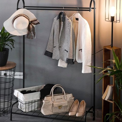 Wieszak Podłogowy Stojący Metalowy VILDE Czarny LOFT Półka na Buty 147 cm