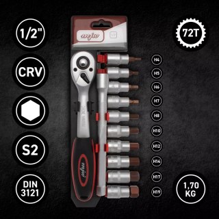 Zestaw nasadek 1/2" HEX z grzechotką i przedłużaczem