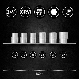 Zestaw nasadek 3/4" 6-kąt 17-27 mm na szynie