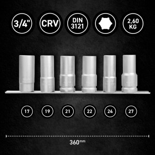 Zestaw nasadek 3/4" 6-kąt DŁUGIE 17-27mm na szynie