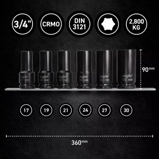 Zestaw nasadek udarowych długich 3/4" na szynie