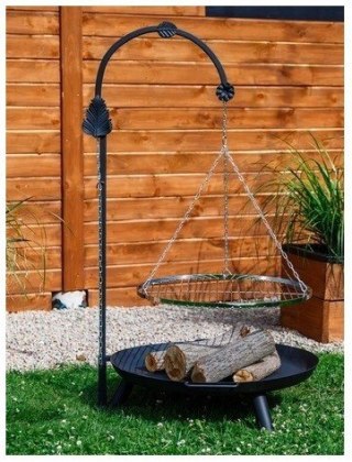 GRILL OGRODOWY na wysięgniku ŻURAW ruszt nierdzewny + palenisko + trójnóg