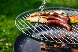 GRILL OGRODOWY na wysięgniku ŻURAW ruszt nierdzewny + palenisko + trójnóg