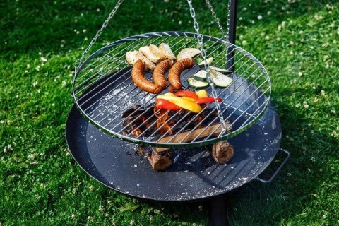 GRILL OGRODOWY na wysięgniku ŻURAW ruszt nierdzewny + palenisko + trójnóg