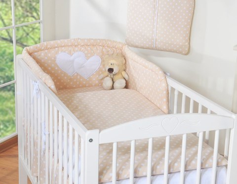 Ochraniacz do łóżeczka na szczebelki uniwersalny - Serduszka białe grochy na beżowym