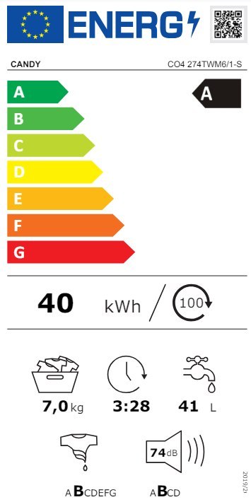 Candy | Pralka | CO4 274TWM6/1-S | Klasa efektywności energetycznej A | Ładowana od frontu | Pojemność prania 7 kg | 1200 obr/mi