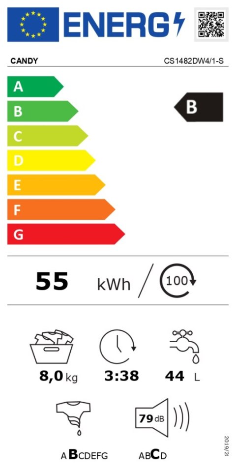 Candy | Pralka | CS1482DW4/1-S | Klasa efektywności energetycznej B | Ładowana od frontu | Pojemność prania 8 kg | 1400 obr/min 