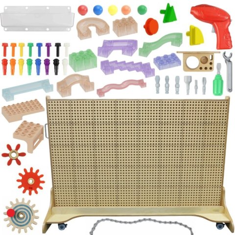 MASTERKIDZ Wolnostojąca Tablica Ściana STEM 166 x 125 cm + Akcesoria Kołki Zębatki Klocki Narzędzia Tor Kulkowy