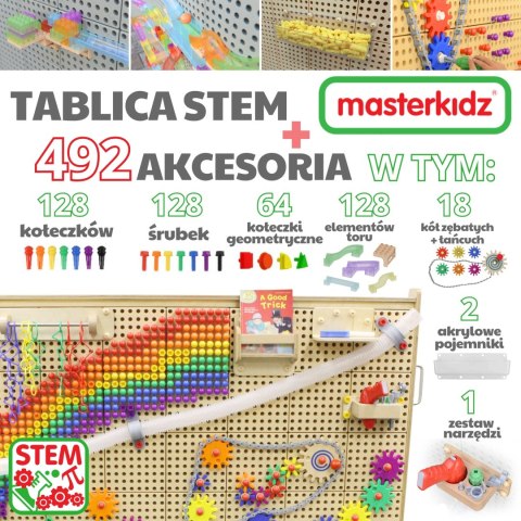 MASTERKIDZ Wolnostojąca Tablica Ściana STEM 166 x 125 cm + Akcesoria Kołki Zębatki Klocki Narzędzia Tor Kulkowy