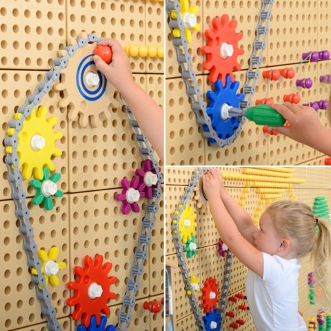 MASTERKIDZ Wolnostojąca Tablica Ściana STEM 166 x 125 cm + Akcesoria Kołki Zębatki Klocki Narzędzia Tor Kulkowy