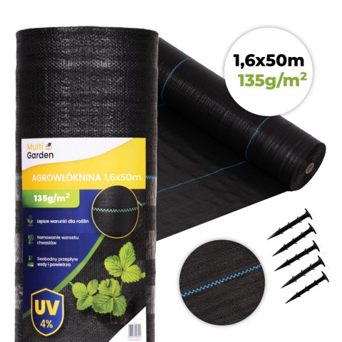 Agrowłóknina czarna agrotkanina UV 135g mata antychwastowa 1,6x50m kołki MulltiGarden