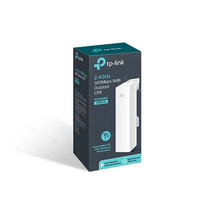 TP-LINK | 2.4GHz 300Mbps 9dBi Outdoor CPE | CPE210 | 802.11n | 300 Mbit/s | 10/100 Mbit/s | Ethernet LAN (RJ-45) porty 1 | Mesh 