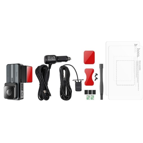 Kamera samochodowa Hoco z wyświetlaczem 3,69" 2K + kamera tylna 720P/25fps GPS DV12 srebrno szara
