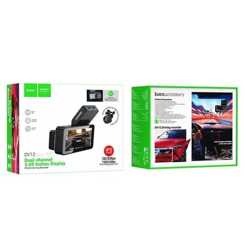 Kamera samochodowa Hoco z wyświetlaczem 3,69" 2K + kamera tylna 720P/25fps GPS DV12 srebrno szara