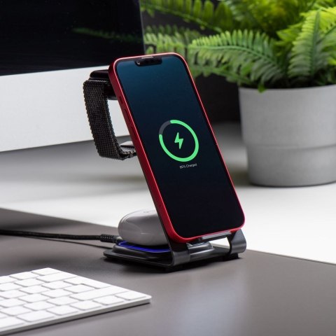 Ładowarka indukcyjna Forcell F-Energy 3w1 Simply Charge aluminiowa kompatybilna z Apple Watch i Samsung Watch szara