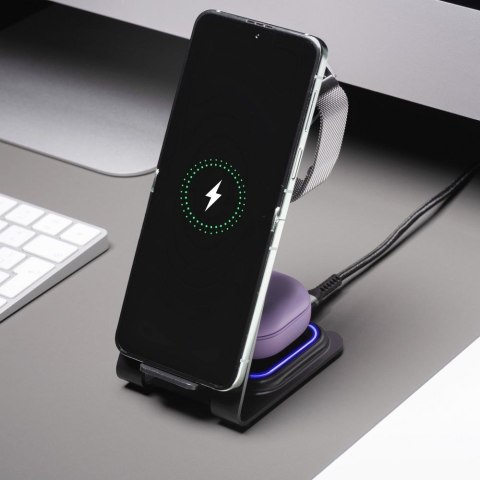Ładowarka indukcyjna Forcell F-Energy 3w1 Simply Charge aluminiowa kompatybilna z Apple Watch i Samsung Watch szara