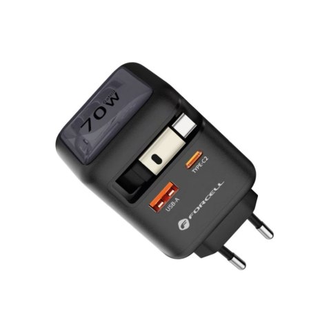 Ładowarka sieciowa do telefonu Forcell F-Energy GaN USB C + USB A + zwijany kabel USB C PD QC4.0 3A 70W VT-R7 szara