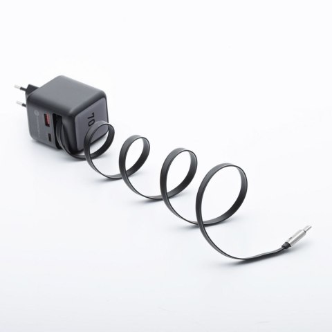 Ładowarka sieciowa do telefonu Forcell F-Energy GaN USB C + USB A + zwijany kabel USB C PD QC4.0 3A 70W VT-R7 szara