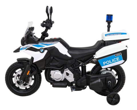 Motor Policyjny BMW F850 GS na akumulator dla dzieci + Kółka pomocnicze + Syrena + Światła + 2 Kufry + Wolny Start