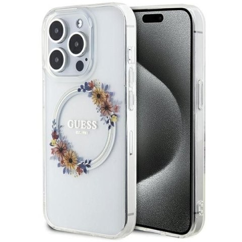 GUESS futerał do IPHONE 15 Pro Max kompatybilny z MagSafe GUHMP15XHFWFCT (Flowers Wreath) transparentny