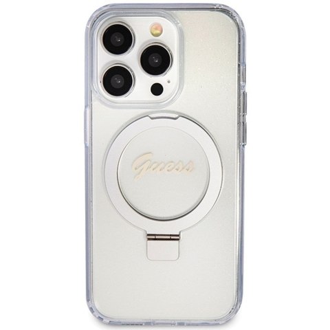GUESS futerał do IPHONE 15 Pro kompatybilny z MagSafe GUHMP15LHRSGSD (Glitter Script Logo Ring stand) transparentny