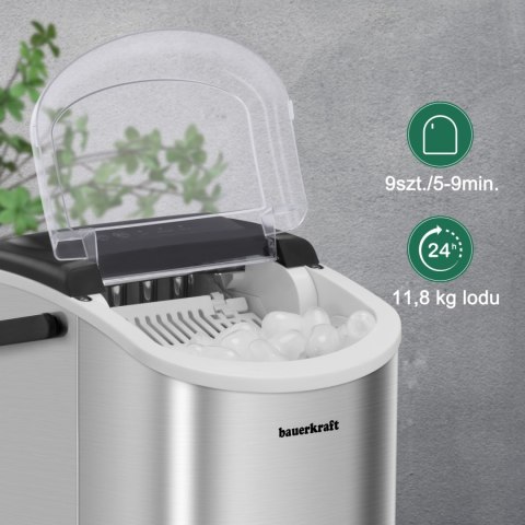Automatyczna cicha wydajna kostkarka do lodu Bauerkraft prosta obsługa 12kg/24h srebrny
