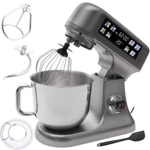 Robot planetarny kuchenny mikser z misą 6l panel LED funkcja fermentacji wbudowana waga kolor srebrny