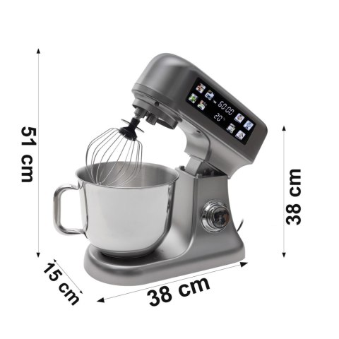 Robot planetarny kuchenny mikser z misą 6l panel LED funkcja fermentacji wbudowana waga kolor srebrny