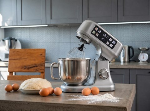 Robot planetarny kuchenny mikser z misą 6l panel LED funkcja fermentacji wbudowana waga kolor srebrny
