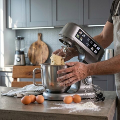 Robot planetarny kuchenny mikser z misą 6l panel LED funkcja fermentacji wbudowana waga kolor srebrny