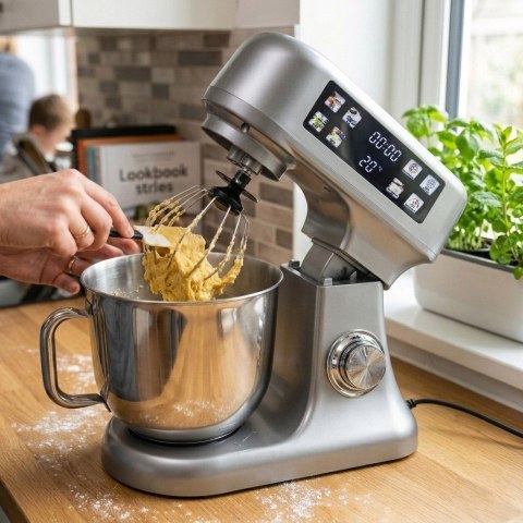 Robot planetarny kuchenny mikser z misą 6l panel LED funkcja fermentacji wbudowana waga kolor srebrny